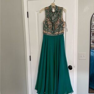 Sherri Hill Teal and Nude Embellished Gown